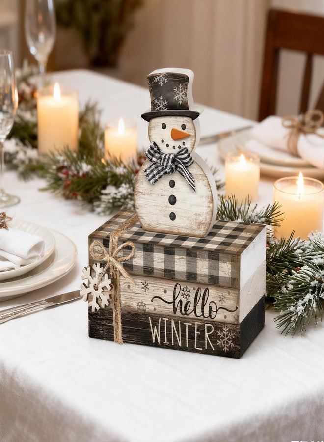 Anglechic 4 Pcs Snowman Christmas Decor Winter Table Decorations Christmas Tiered Tray Decor Winter Centerpiece Indoor Rustic Wooden Snowman Block Sign Gift Farmhouse for Home Kitchen Shelf - Image 4